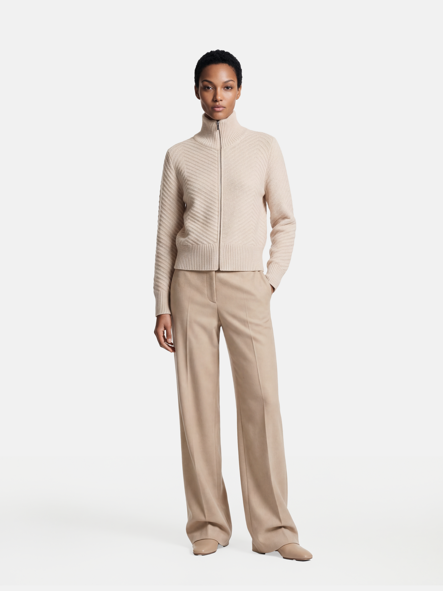 SELVANE herringbone cashmere zip-up cardigan sweater with high ribbed collar, relaxed fit, and chevron knit texture.