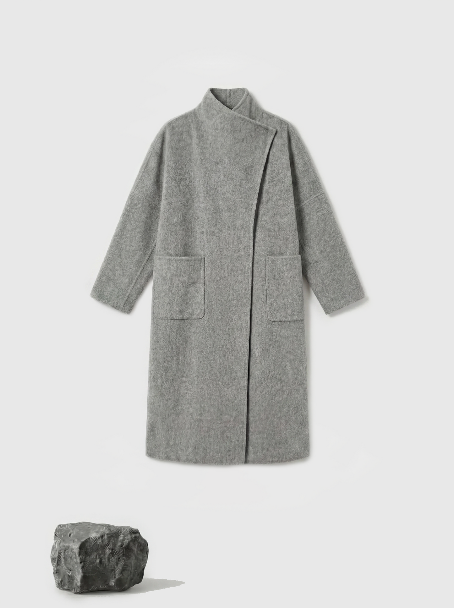 SELVANE Draped Merino Wool Long Coat, open-front, showcasing fluid drape and elongated silhouette on a model.