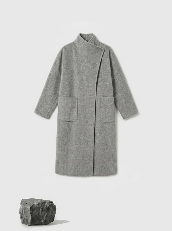 SELVANE Draped Merino Wool Long Coat, open-front, showcasing fluid drape and elongated silhouette on a model.