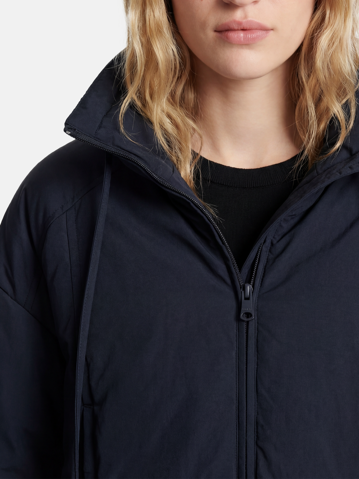 SELVANE High-Neck Bomber Down Jacket in black, featuring an exaggerated high collar and rounded silhouette, refined matte finish.