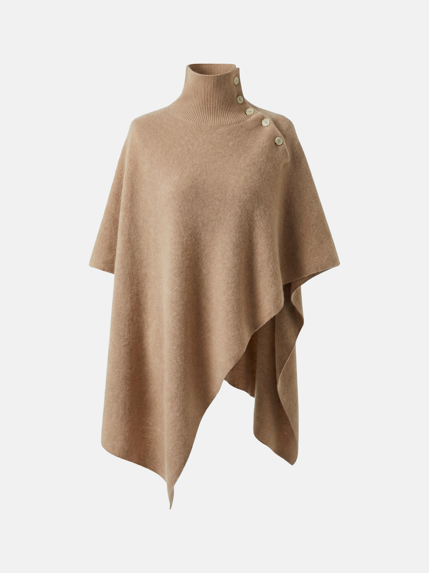 Pure cashmere button-neck cape in warm camel with an elongated, asymmetric drape and high ribbed neck.