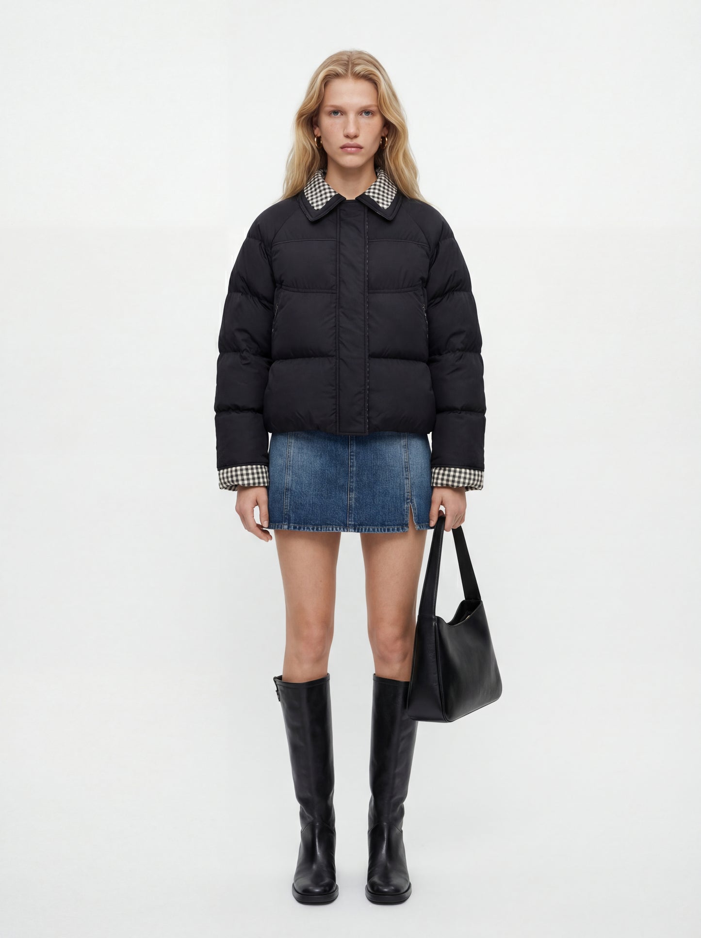 SELVANE Reversible Checker Down Jacket, boxy puffer with cropped hem, contrast check collar and cuffs, styled for urban elegance.