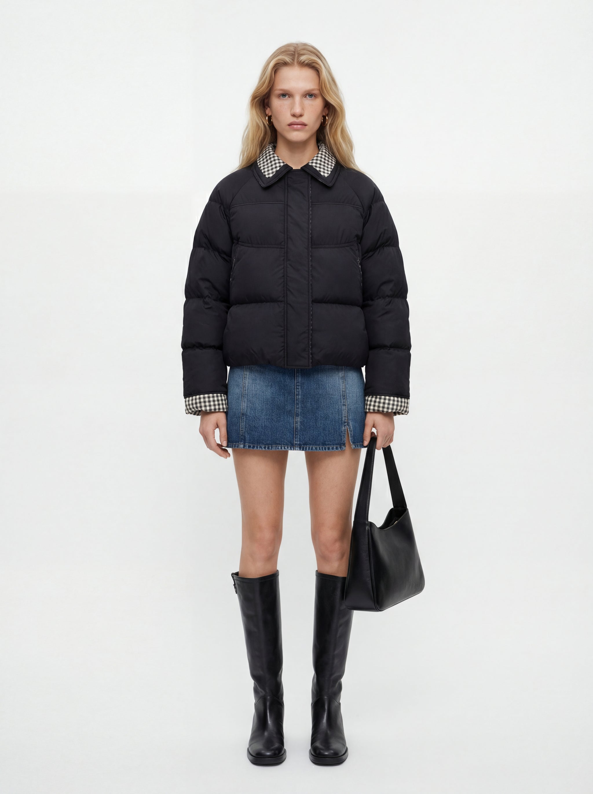 SELVANE Reversible Checker Down Jacket, boxy puffer with cropped hem, contrast check collar and cuffs, styled for urban elegance.