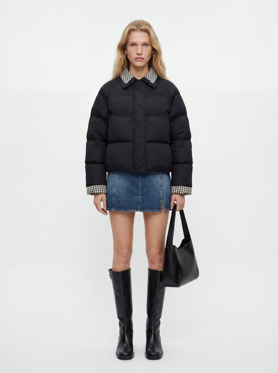SELVANE Reversible Checker Down Jacket, boxy puffer with cropped hem, contrast check collar and cuffs, styled for urban elegance.