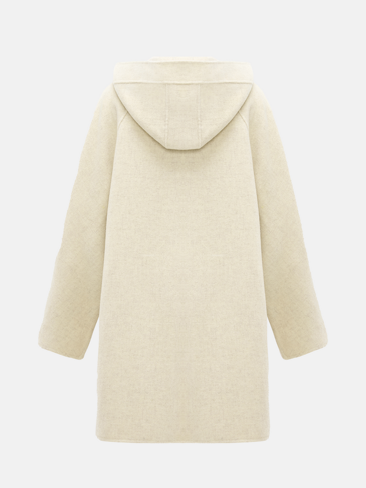 SELVANE cream wool-cashmere hooded coat, A-line silhouette, oversized hood, elegant and serene.
