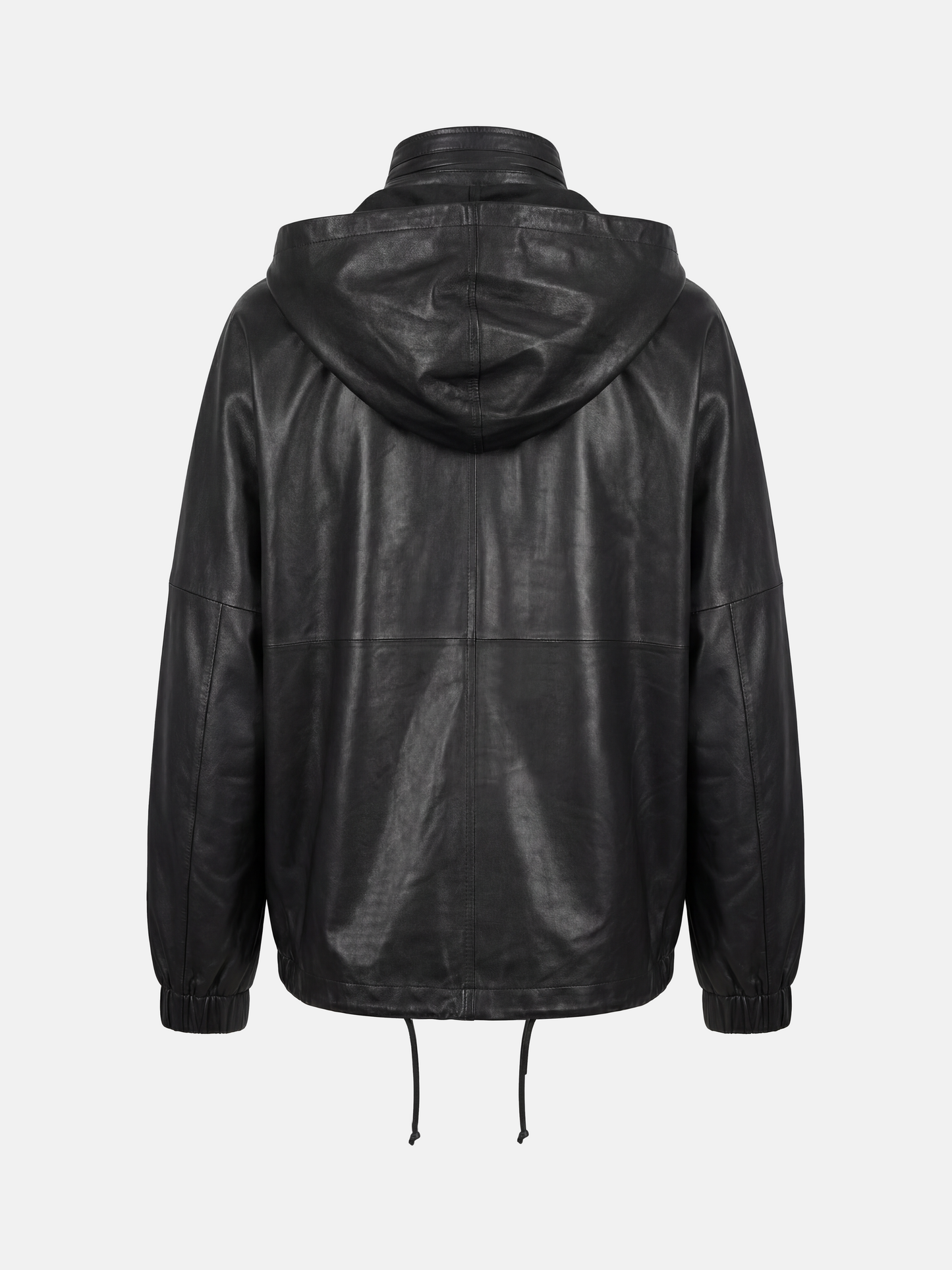 Deep black hooded lambskin zip jacket by SELVANE, featuring a soft utilitarian line and protective design for urban movement.