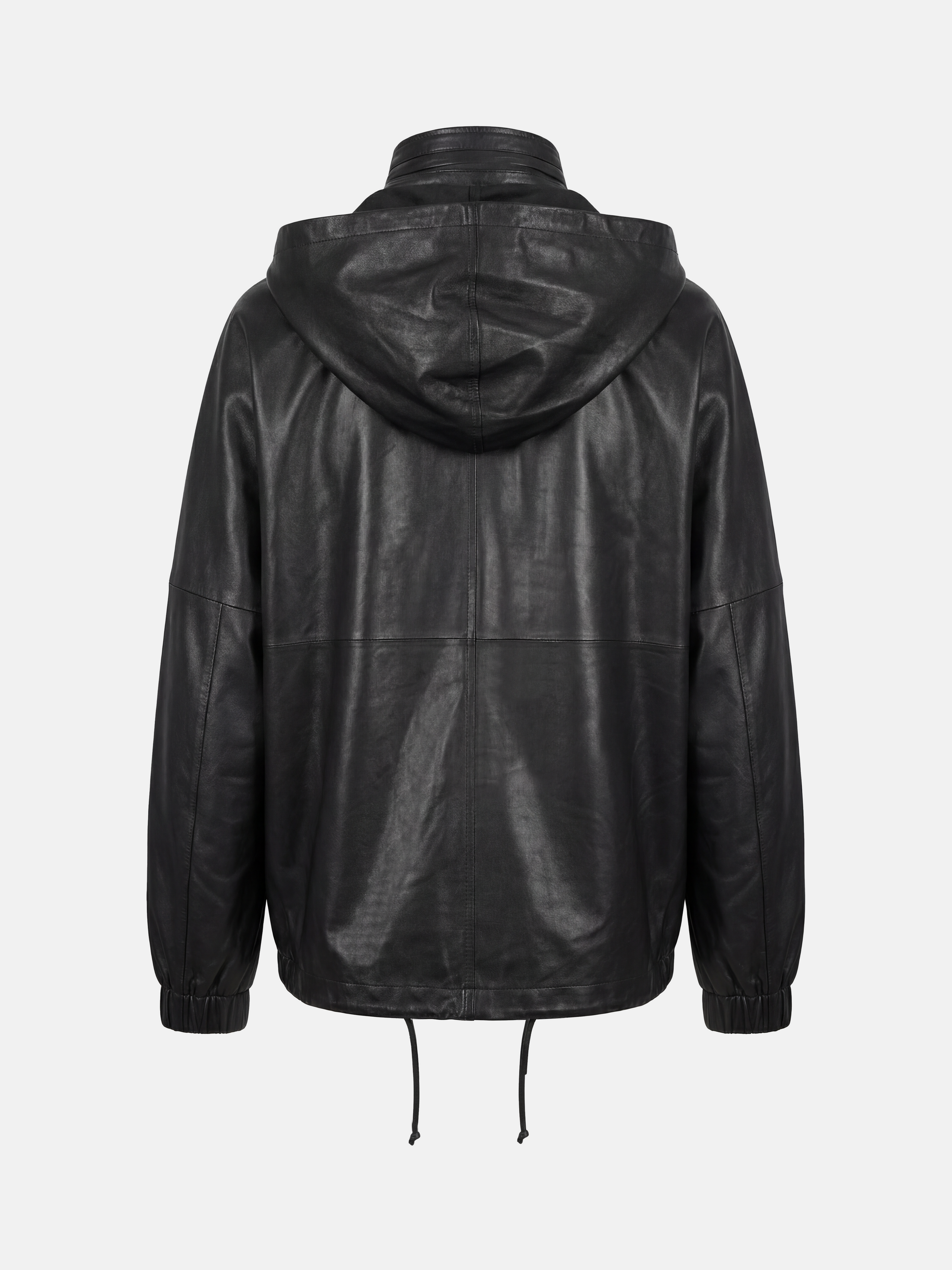Deep black hooded lambskin zip jacket by SELVANE, featuring a soft utilitarian line and protective design for urban movement.