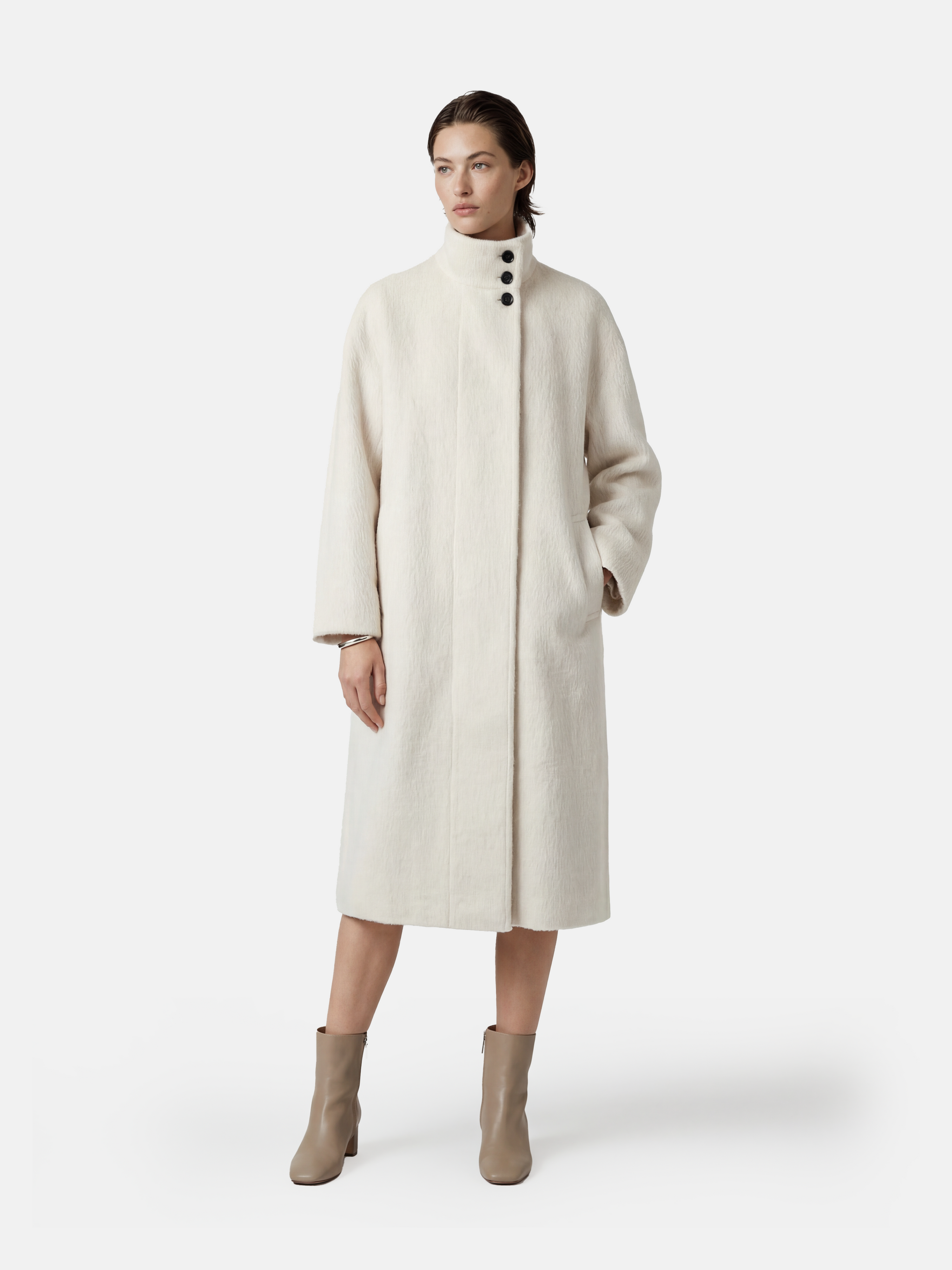 Ivory Baby Alpaca Wool Stand-Collar Coat by SELVANE, featuring a straight, oversized silhouette and three-button closure.