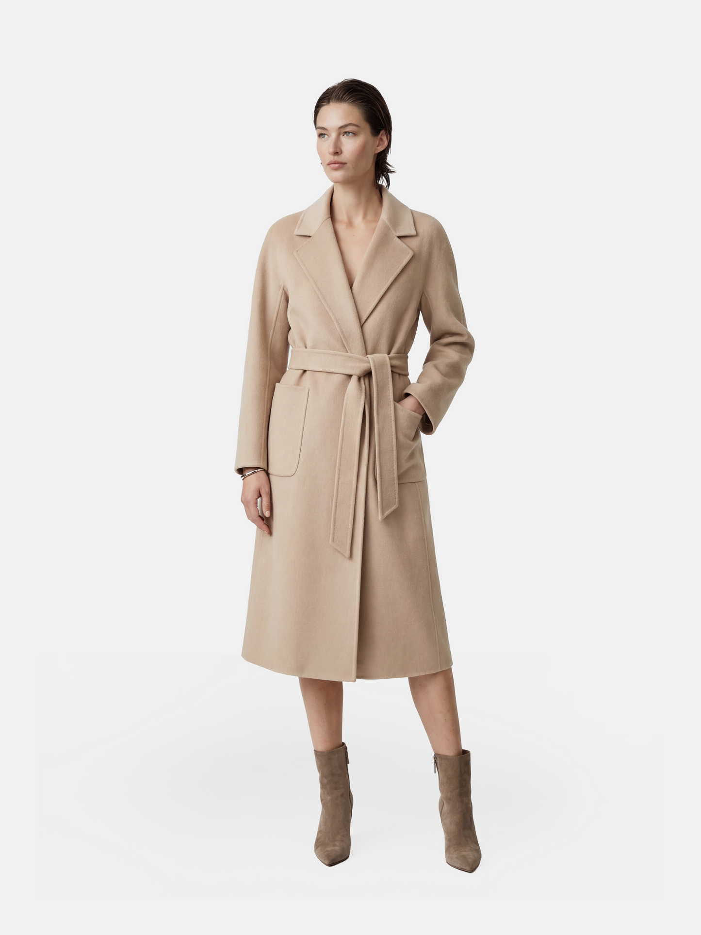 SELVANE Sand Camelhair Belted Coat - Outerwear | front view | Handcrafted Luxury