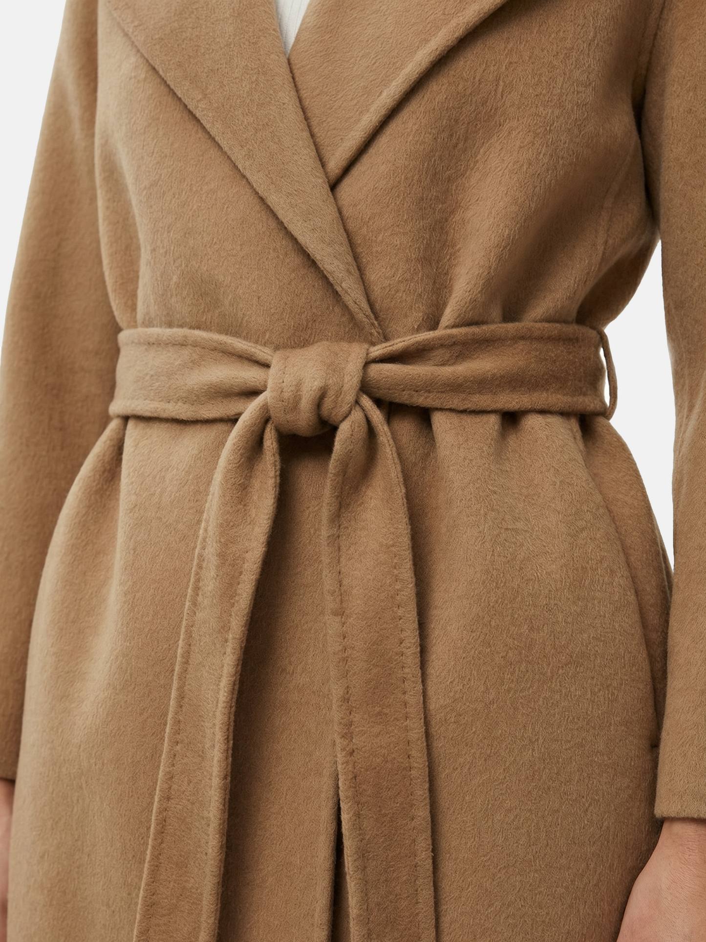 SELVANE Wool-Cashmere Hooded Belted Coat in a relaxed fit, featuring a wrap front and self-tie belt, shown on a model.