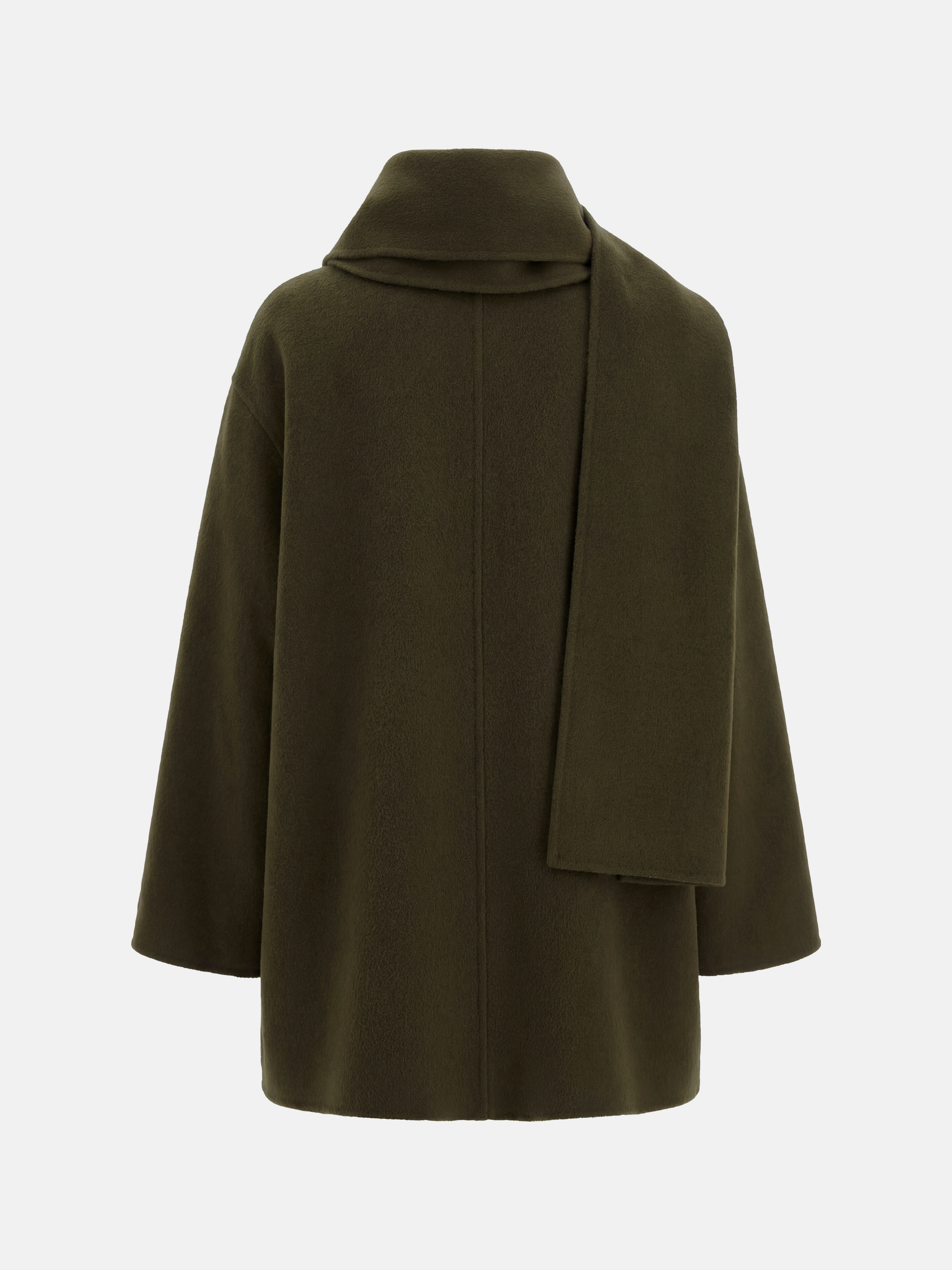 SELVANE Structured Wool Wrap Coat in a neutral tone, featuring a built-in scarf neckline and clean lines, draped elegantly on a figure.