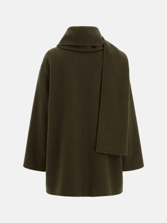 SELVANE Structured Wool Wrap Coat in a neutral tone, featuring a built-in scarf neckline and clean lines, draped elegantly on a figure.