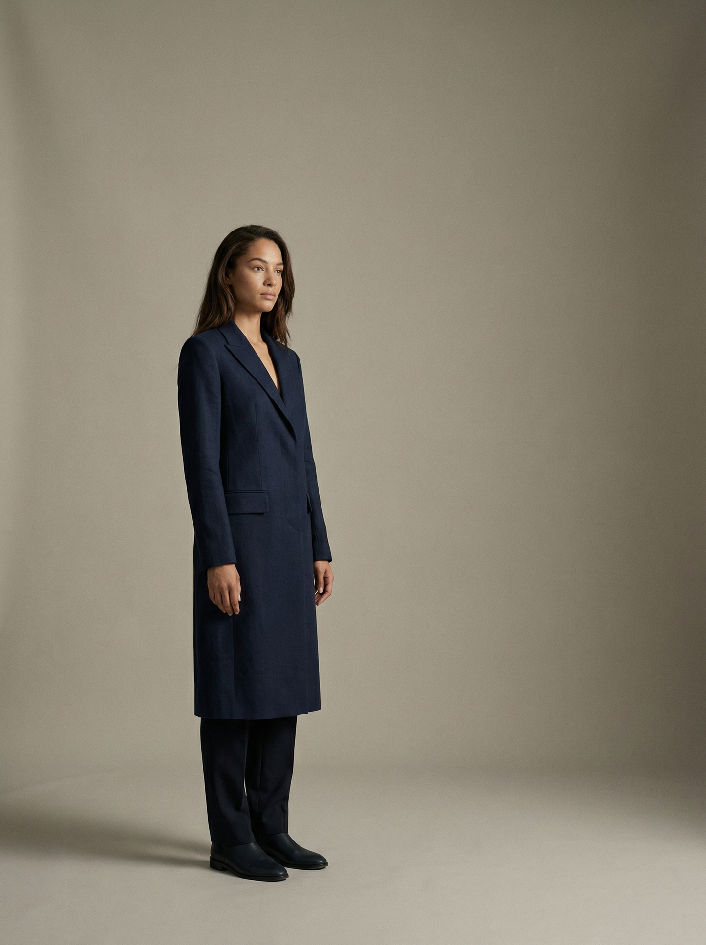 SELVANE Linen-Tencel Structured Coat, featuring an elongated silhouette, sharp lines, and sophisticated drape.