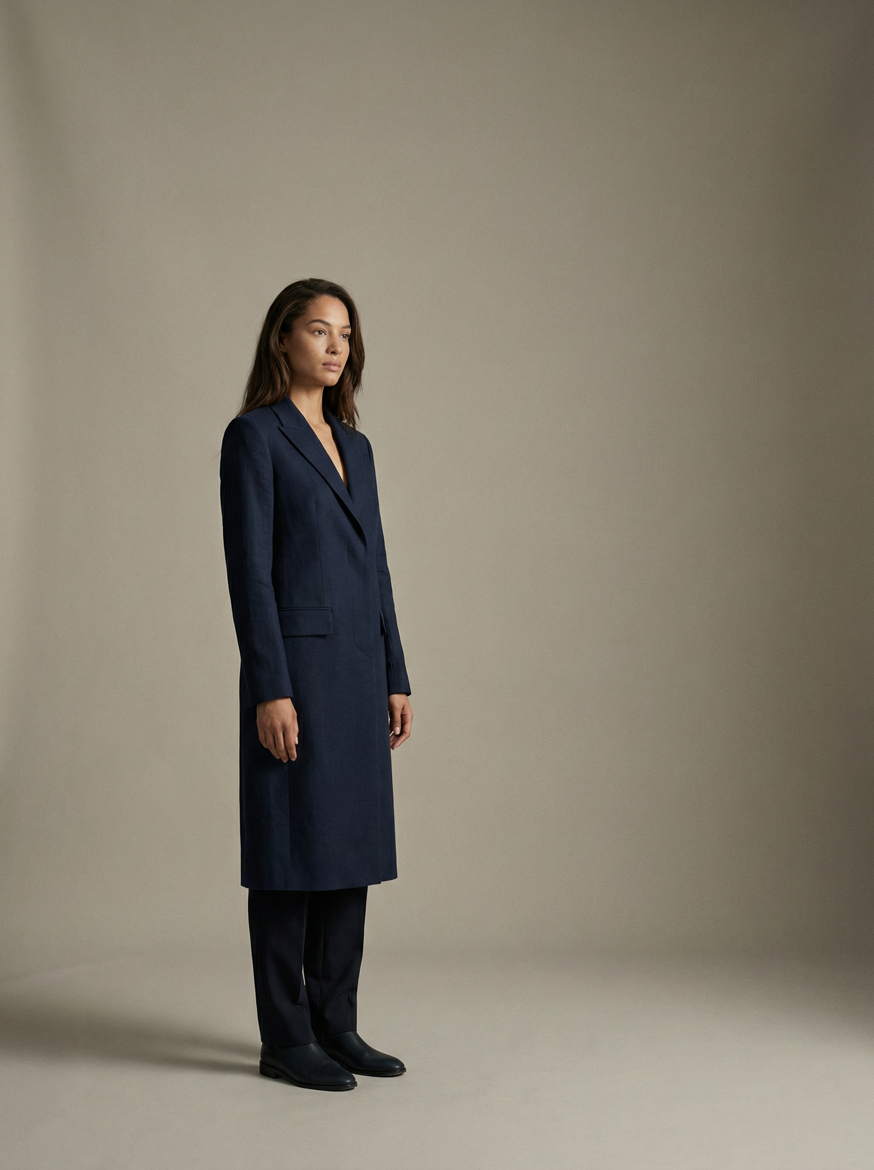 SELVANE Linen-Tencel Structured Coat, featuring an elongated silhouette, sharp lines, and sophisticated drape.