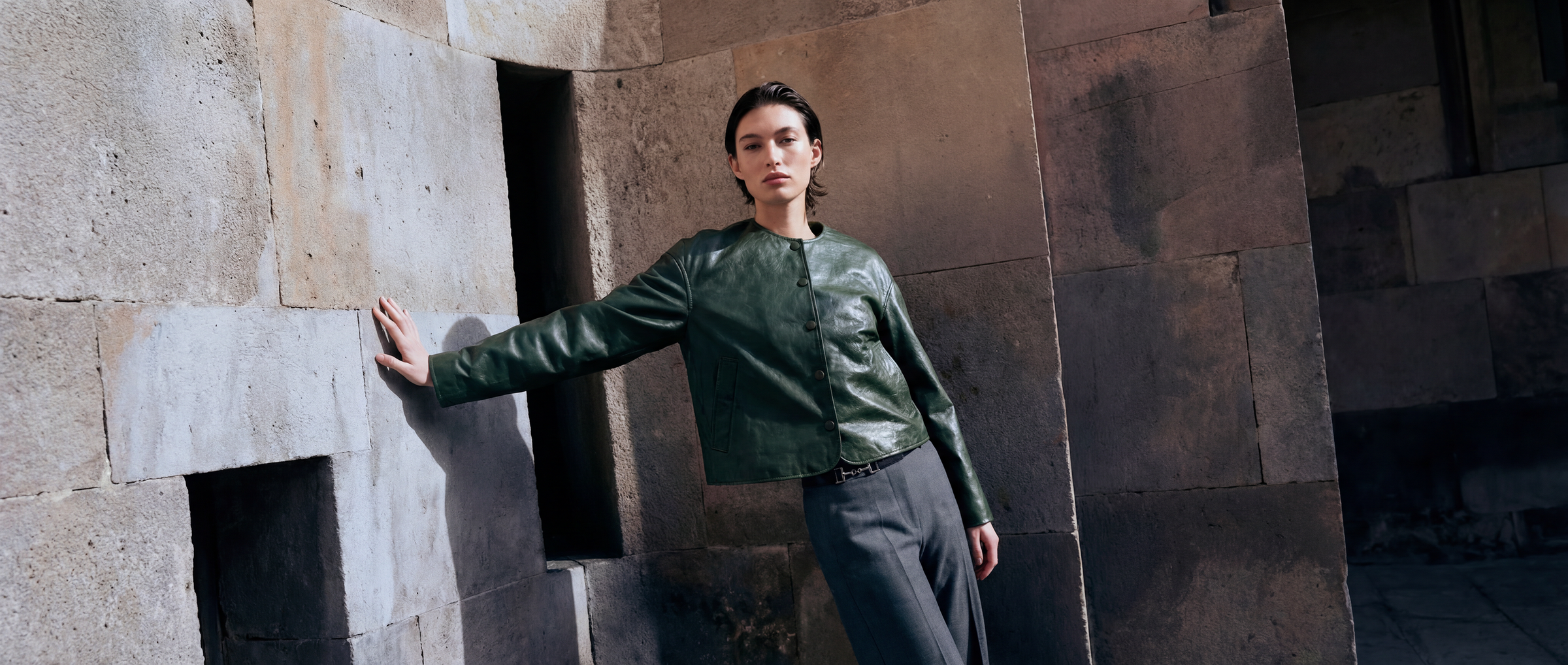 Crew-Neck Lambskin Button Jacket
