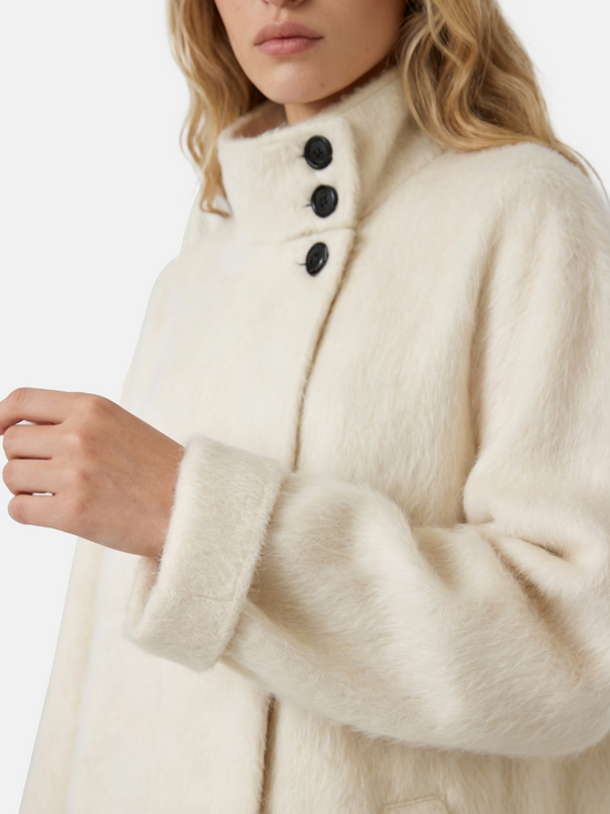 Ivory Baby Alpaca Wool Stand-Collar Coat by SELVANE, featuring a straight, oversized silhouette and three-button closure.