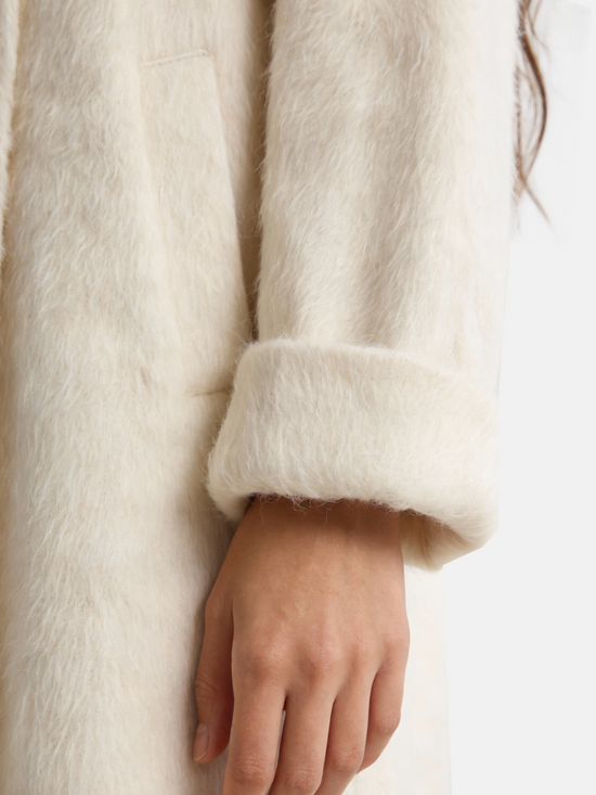 Ivory Baby Alpaca Wool Stand-Collar Coat by SELVANE, featuring a straight, oversized silhouette and three-button closure.