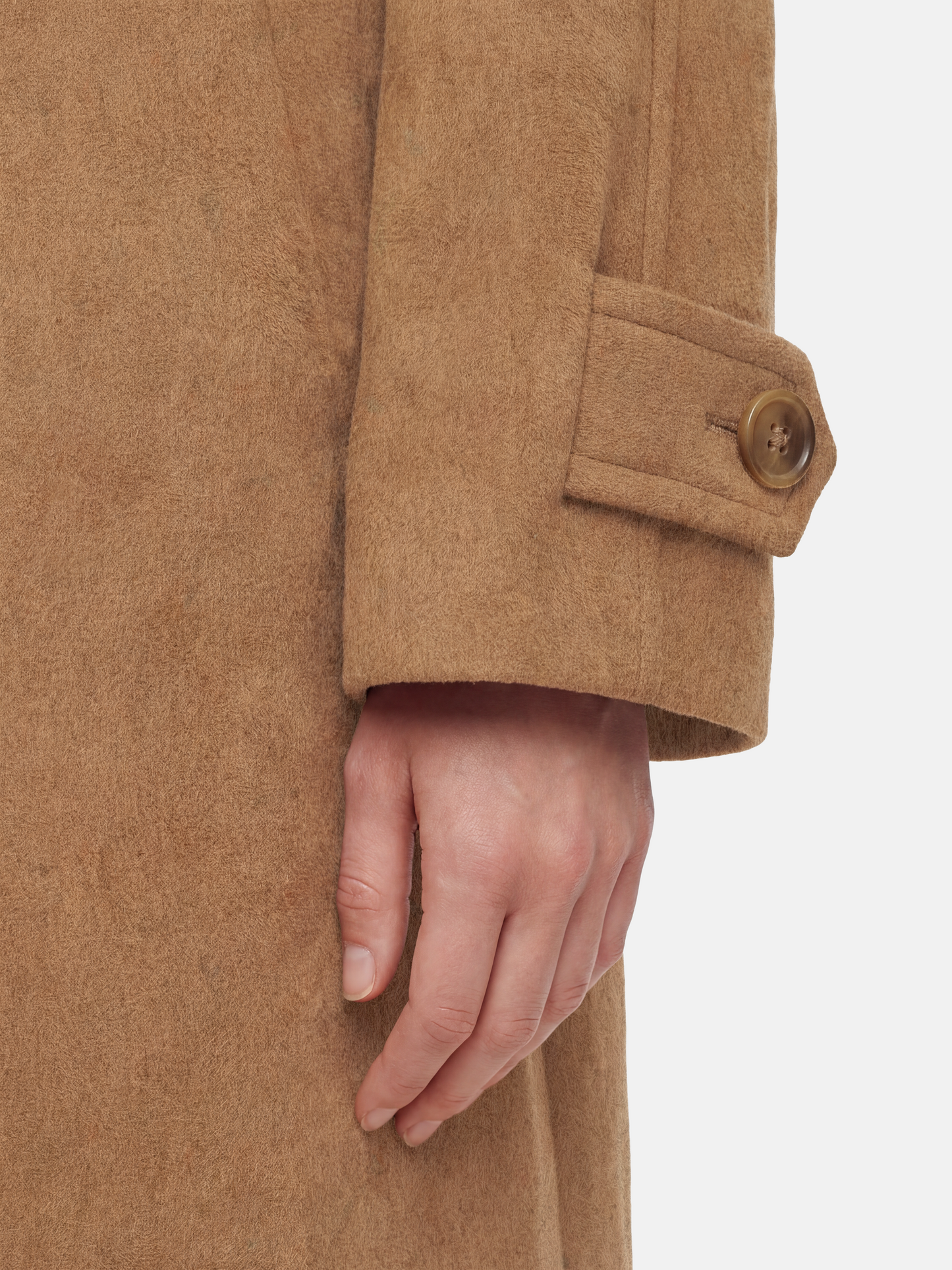 SELVANE Camel Wool-Alpaca Raglan Coat, knee-length, straight silhouette, sharp collar, rich camel color.