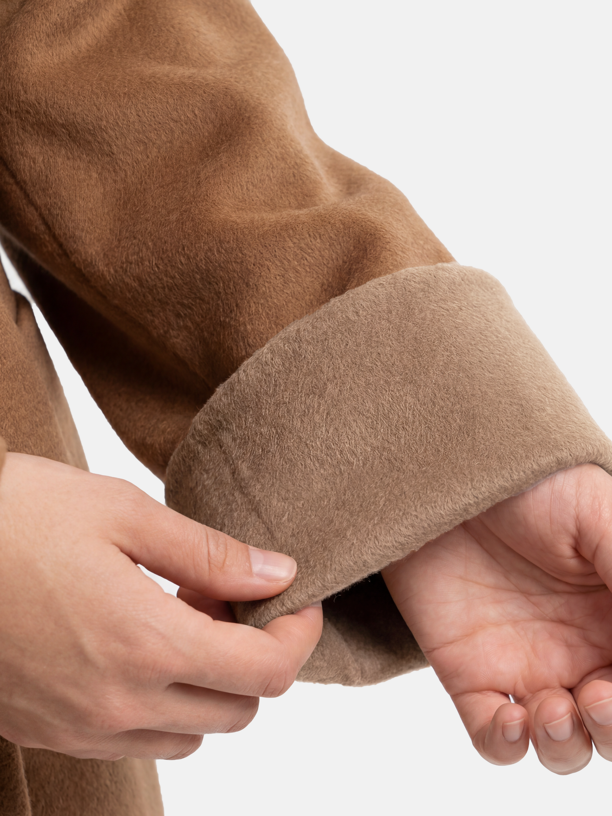 SELVANE Camelhair Collarless Belted Coat, hip-length, with turned-back cuffs, cinched at waist, on a model.