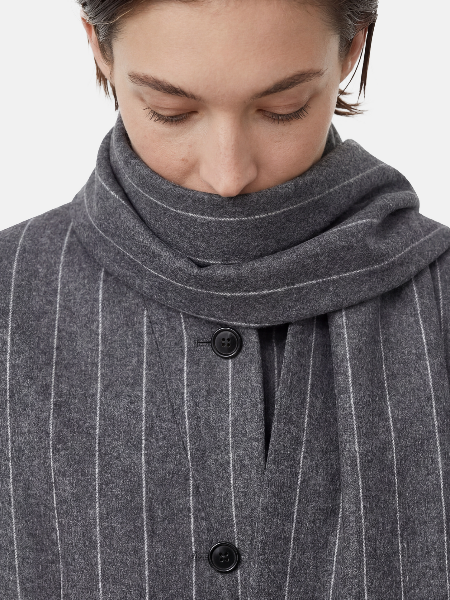 SELVANE Pinstripe Wool Scarf-Collar Blazer, featuring sharp vertical lines and an integrated wrap-neck for a composed, refined silhouette.