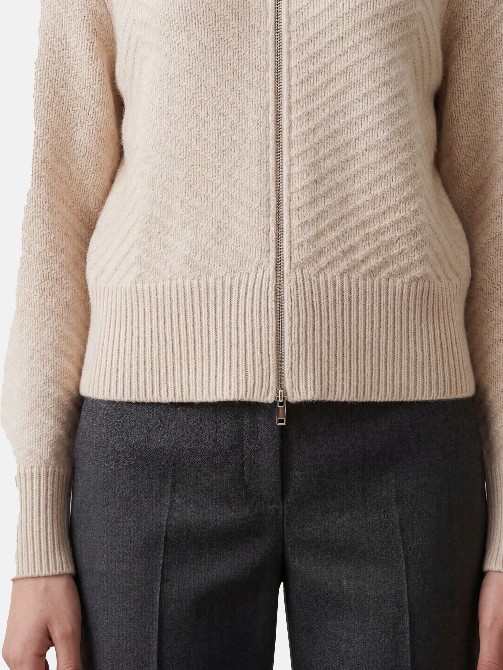 SELVANE herringbone cashmere zip-up cardigan sweater with high ribbed collar, relaxed fit, and chevron knit texture.