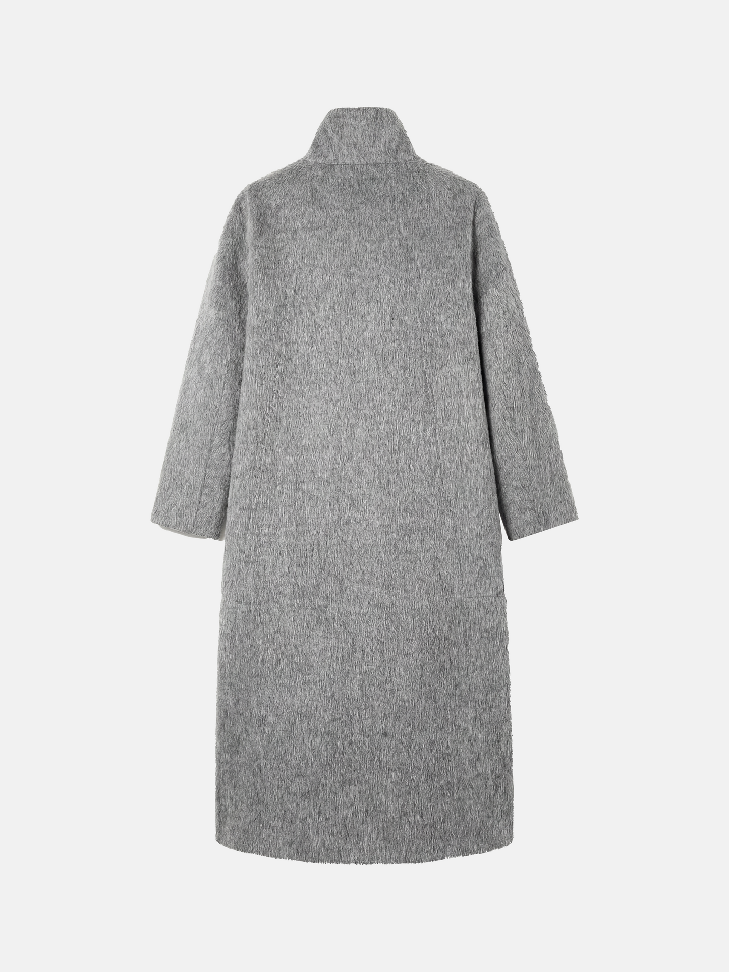 Tailored grey camel hair stand-up collar coat, full-length, structured body, soft brushed surface, elegant silhouette.