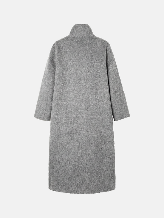 Tailored grey camel hair stand-up collar coat, full-length, structured body, soft brushed surface, elegant silhouette.