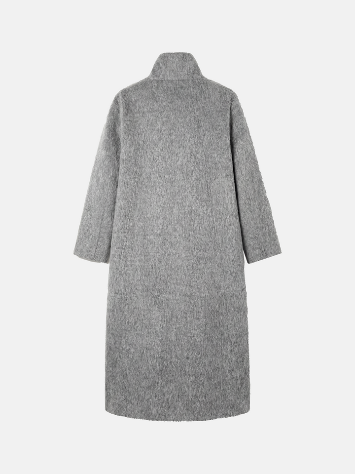Tailored grey camel hair stand-up collar coat, full-length, structured body, soft brushed surface, elegant silhouette.