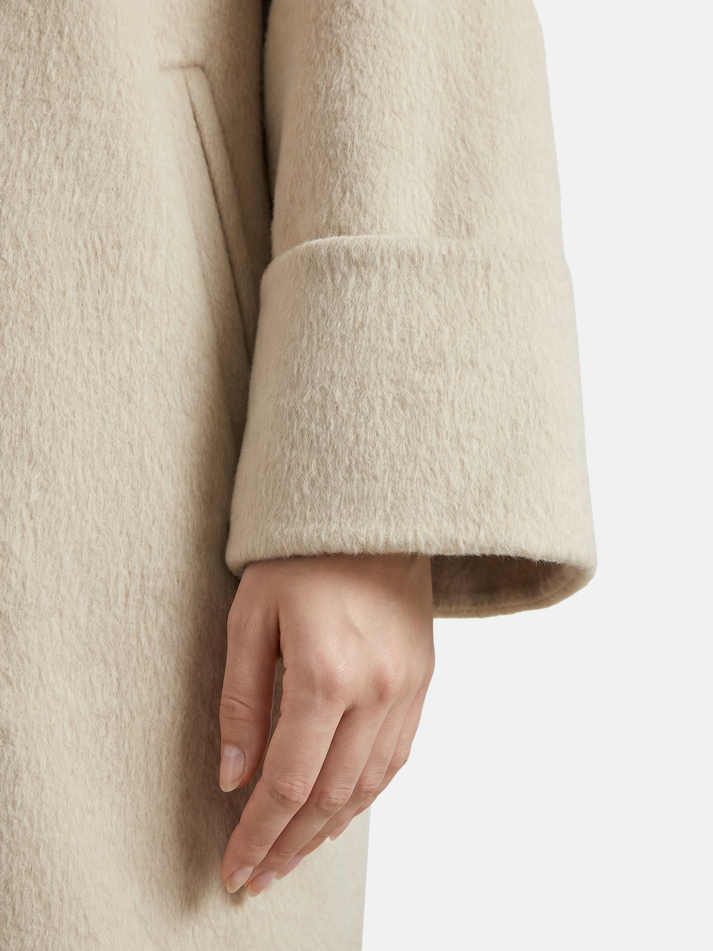 SELVANE double-breasted camel hair coat with raglan sleeves, oversized fit, above-knee length, warm ivory tone.