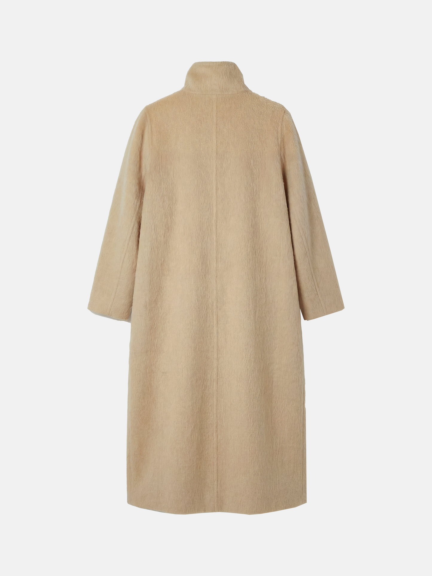 SELVANE Camel Hair Long Coat, featuring a high collar, double-button closure, and elegant straight silhouette.