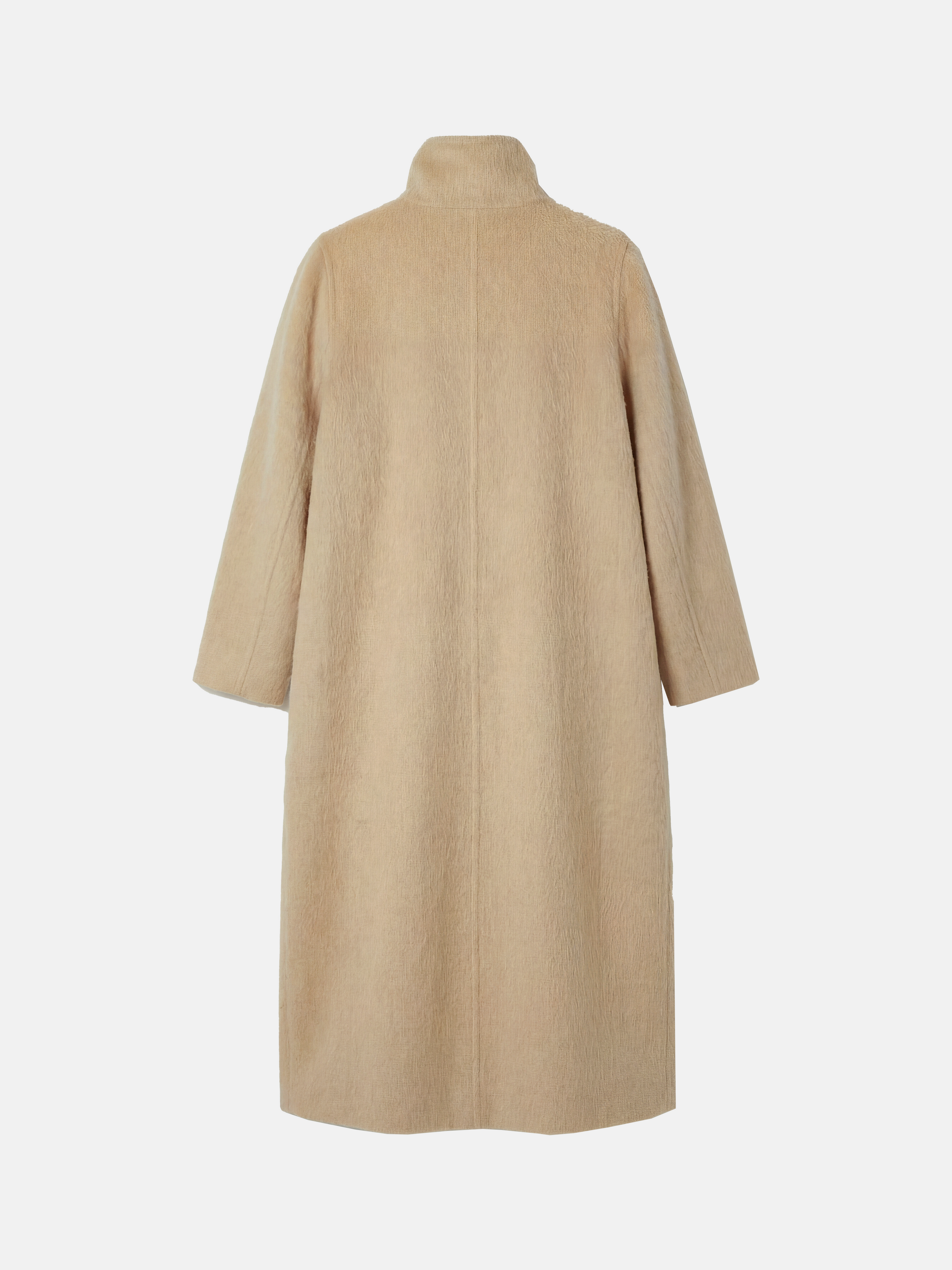 SELVANE Camel Hair Long Coat, featuring a high collar, double-button closure, and elegant straight silhouette.