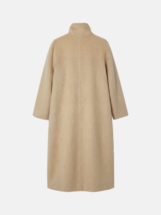 SELVANE Camel Hair Long Coat, featuring a high collar, double-button closure, and elegant straight silhouette.