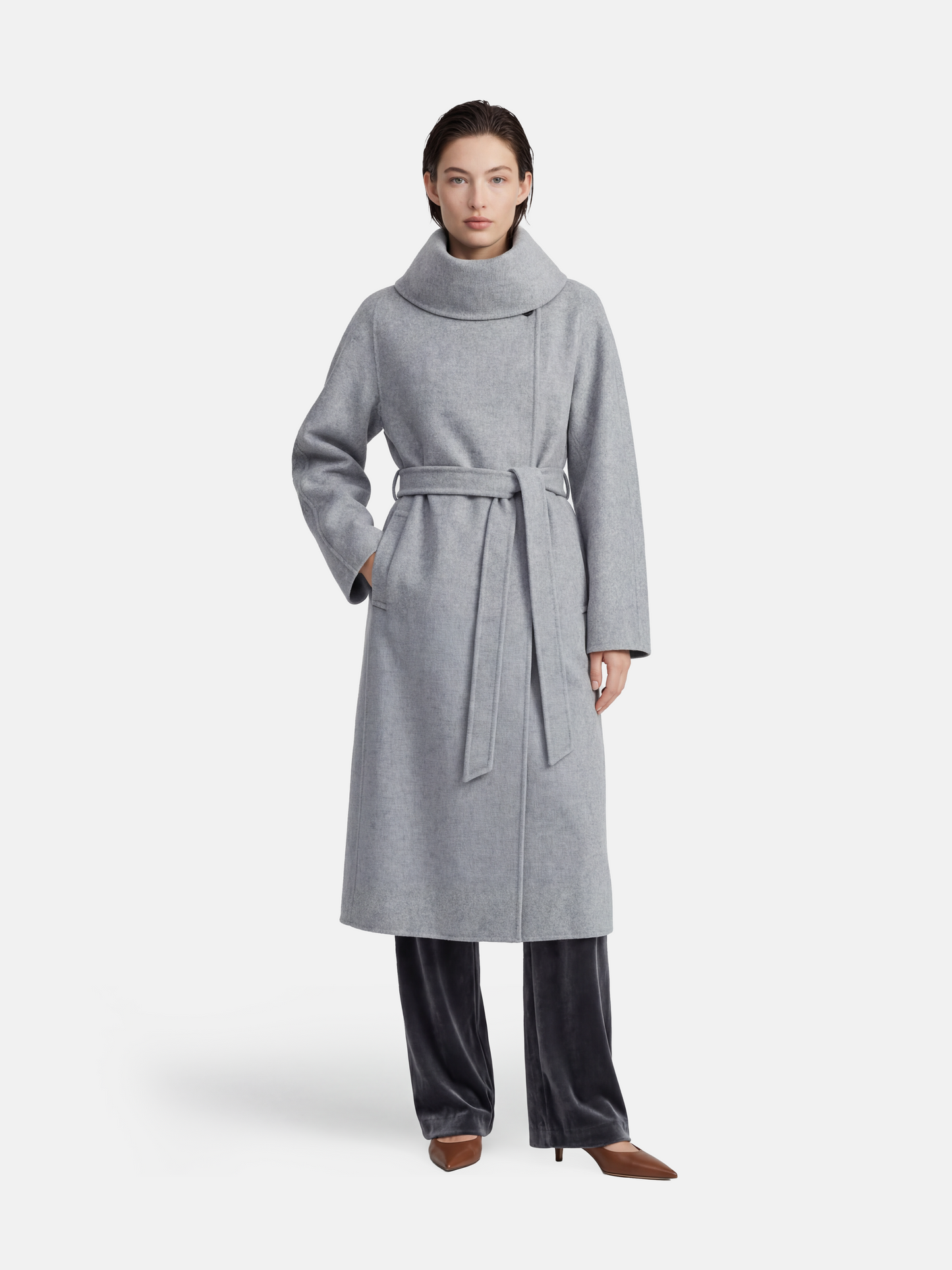 SELVANE Funnel-Neck Wool Coat in grey wool-cashmere, featuring a sculptural funnel neck and clean, seamless lines.