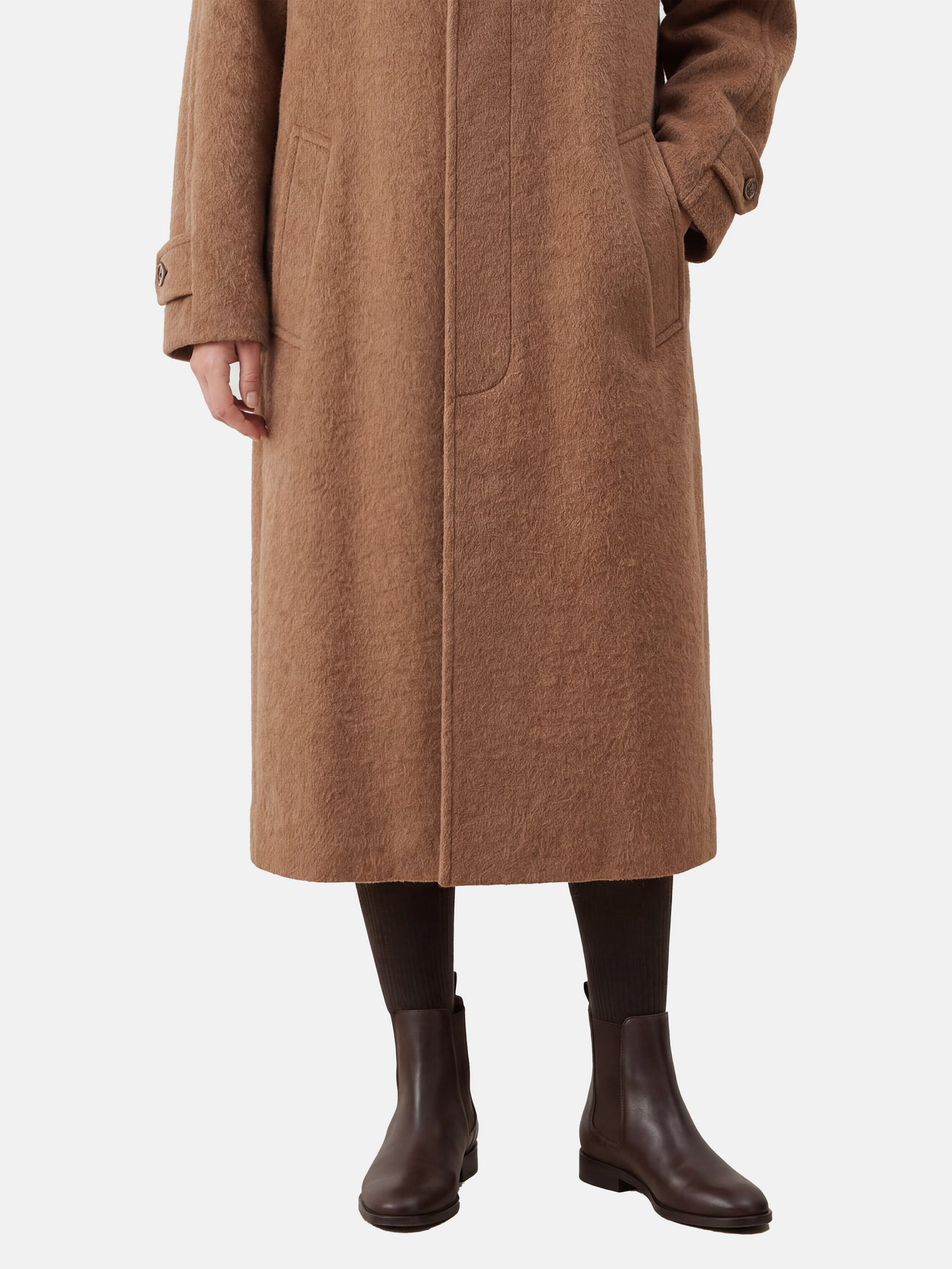 SELVANE Camel Wool-Alpaca Raglan Coat, knee-length, straight silhouette, sharp collar, rich camel color.