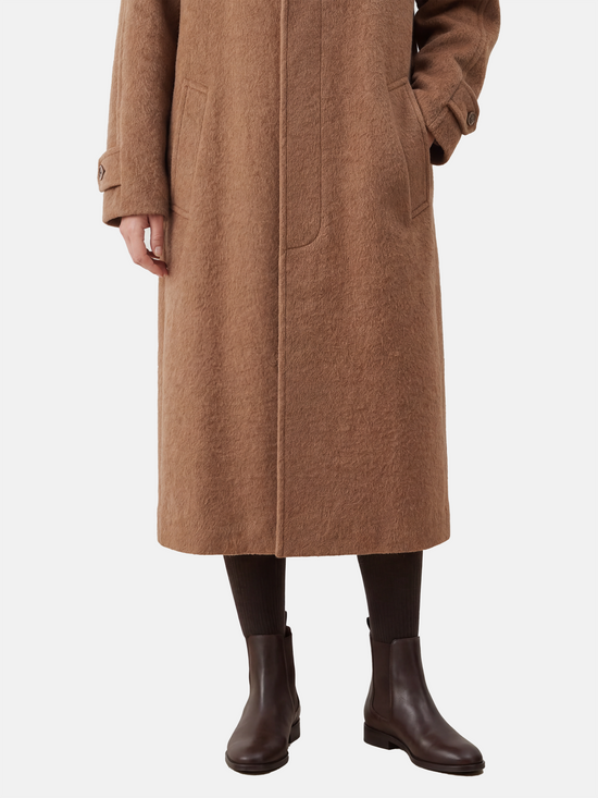 SELVANE Camel Wool-Alpaca Raglan Coat, knee-length, straight silhouette, sharp collar, rich camel color.