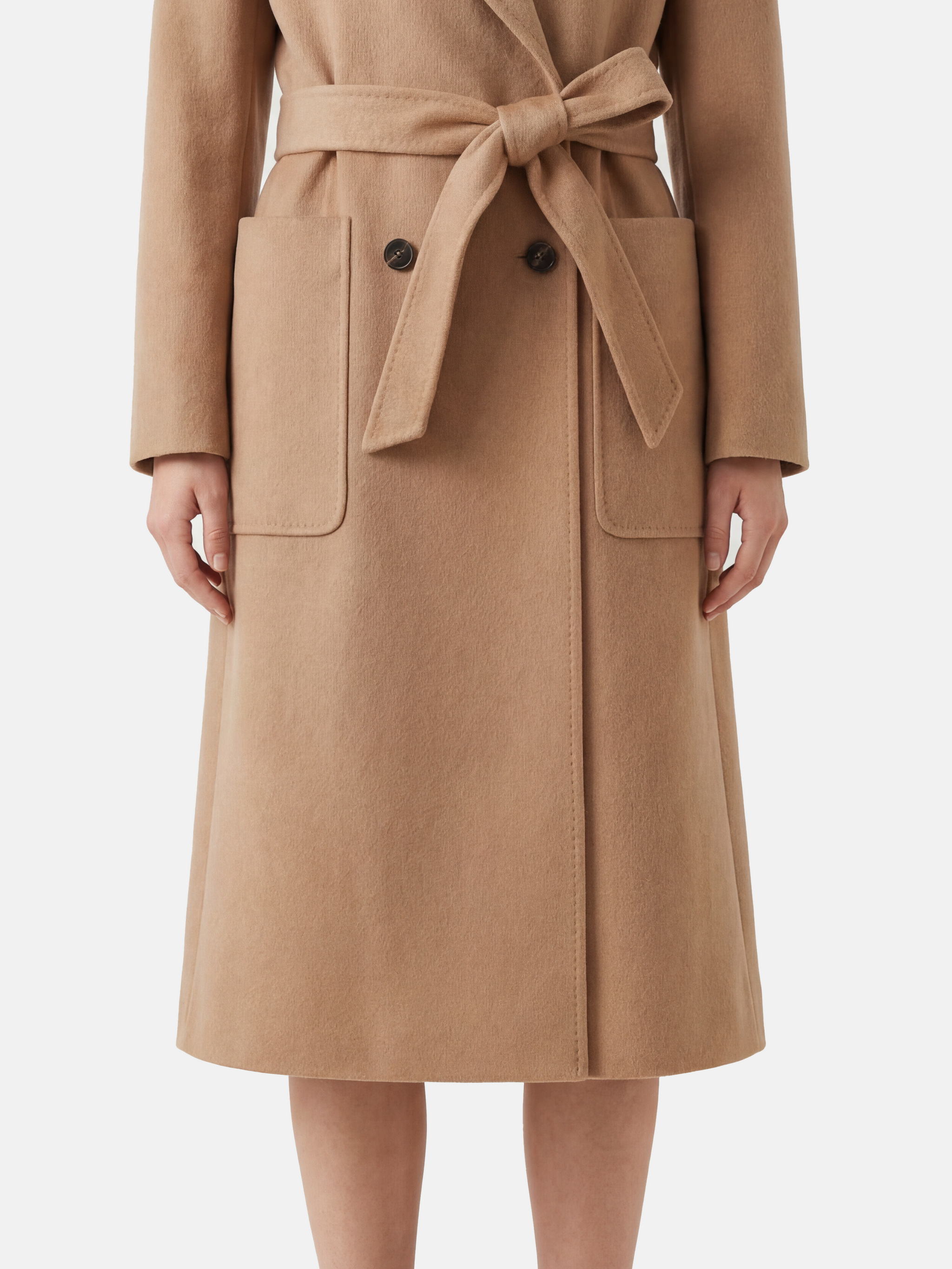 SELVANE Belted Double-Breasted Cashmere Coat in a long, clean silhouette with sharp peak lapels and self-belt.