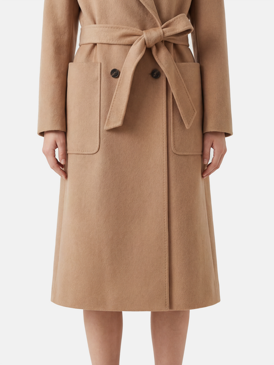 SELVANE Belted Double-Breasted Cashmere Coat in a long, clean silhouette with sharp peak lapels and self-belt.