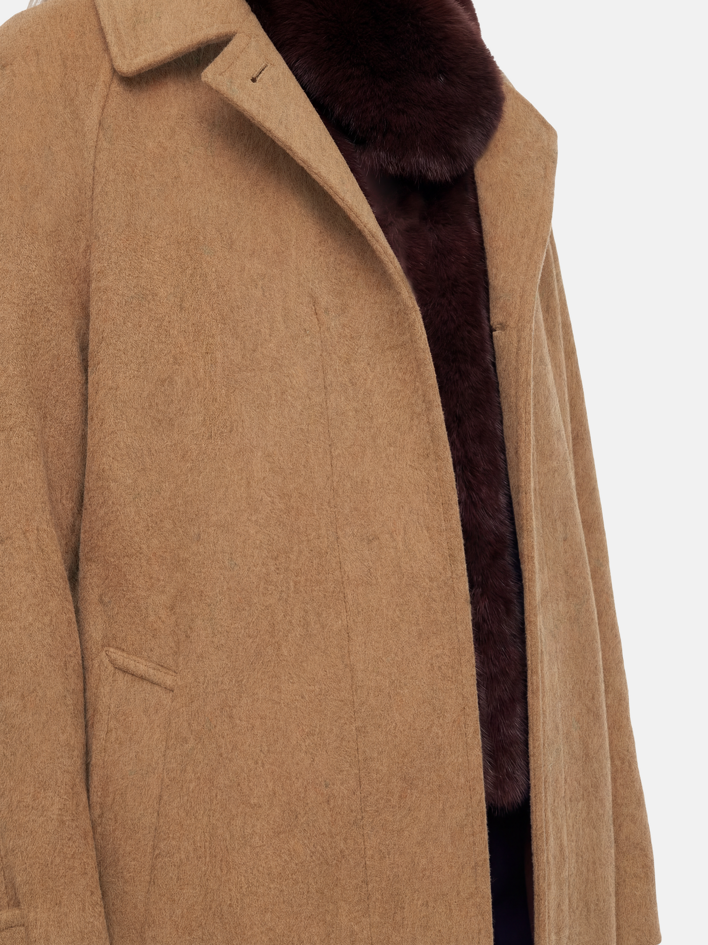 SELVANE Camel Wool-Alpaca Raglan Coat, knee-length, straight silhouette, sharp collar, rich camel color.