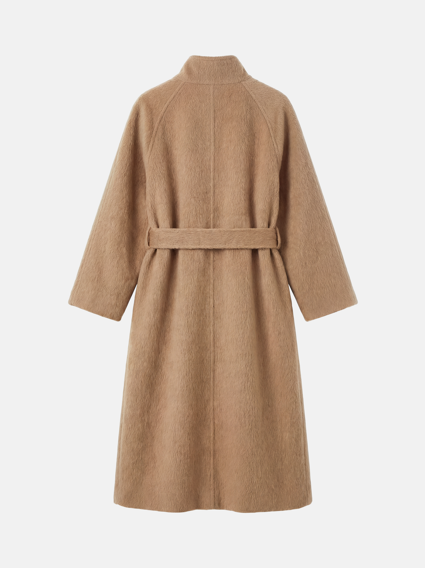 Full-length SELVANE camelhair belted coat with raglan sleeves and high stand collar, showcasing its elongated silhouette and plush texture.