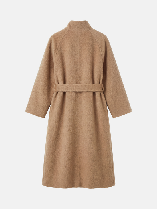 Full-length SELVANE camelhair belted coat with raglan sleeves and high stand collar, showcasing its elongated silhouette and plush texture.