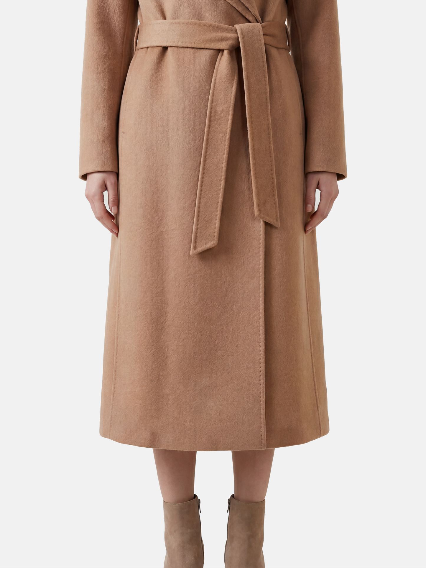 SELVANE Cashmere Belted Trench Coat in camel, featuring a generous lapel and clean belted silhouette, tailored for refined presence.