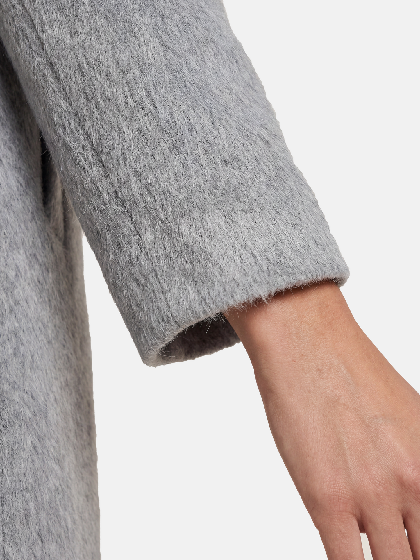 Tailored grey camel hair stand-up collar coat, full-length, structured body, soft brushed surface, elegant silhouette.