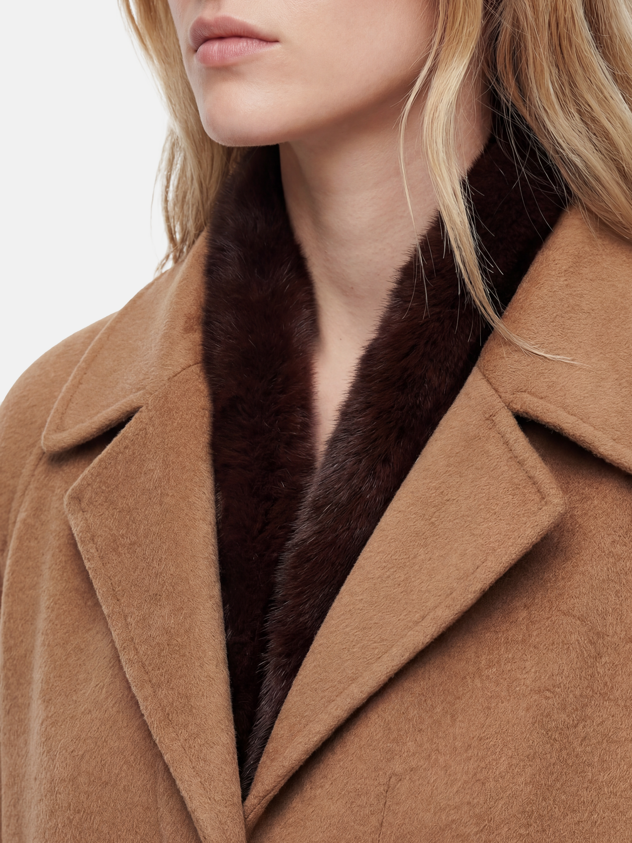 SELVANE Camel Wool-Alpaca Raglan Coat, knee-length, straight silhouette, sharp collar, rich camel color.