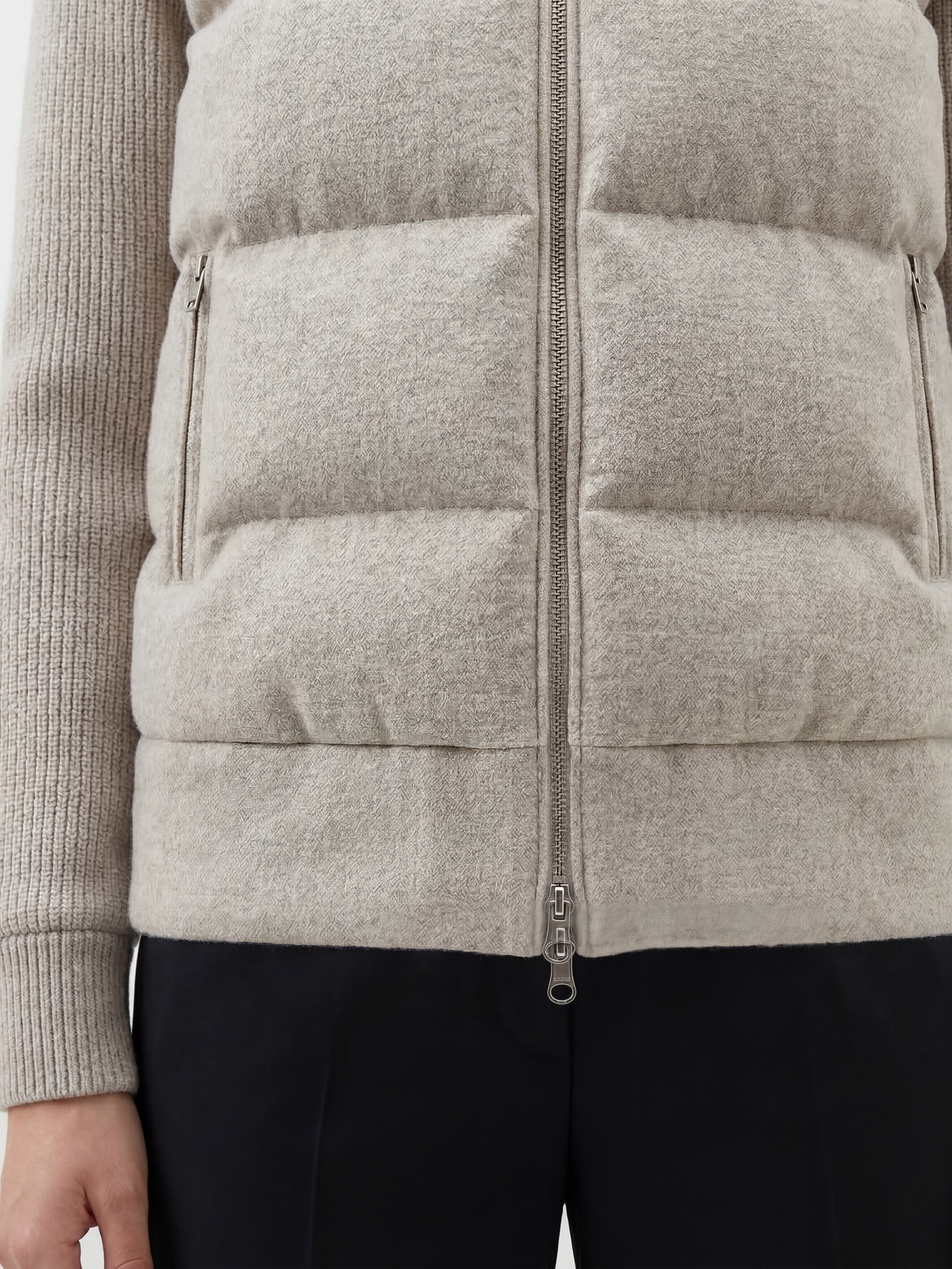 SELVANE Cashmere Quilted Zip Jacket in a compact silhouette, featuring a quilted front and rib-knit sleeves.