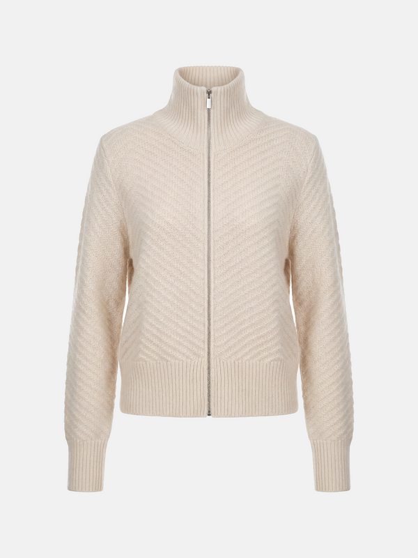 Pull cardigan zippé en cachemire motif chevrons