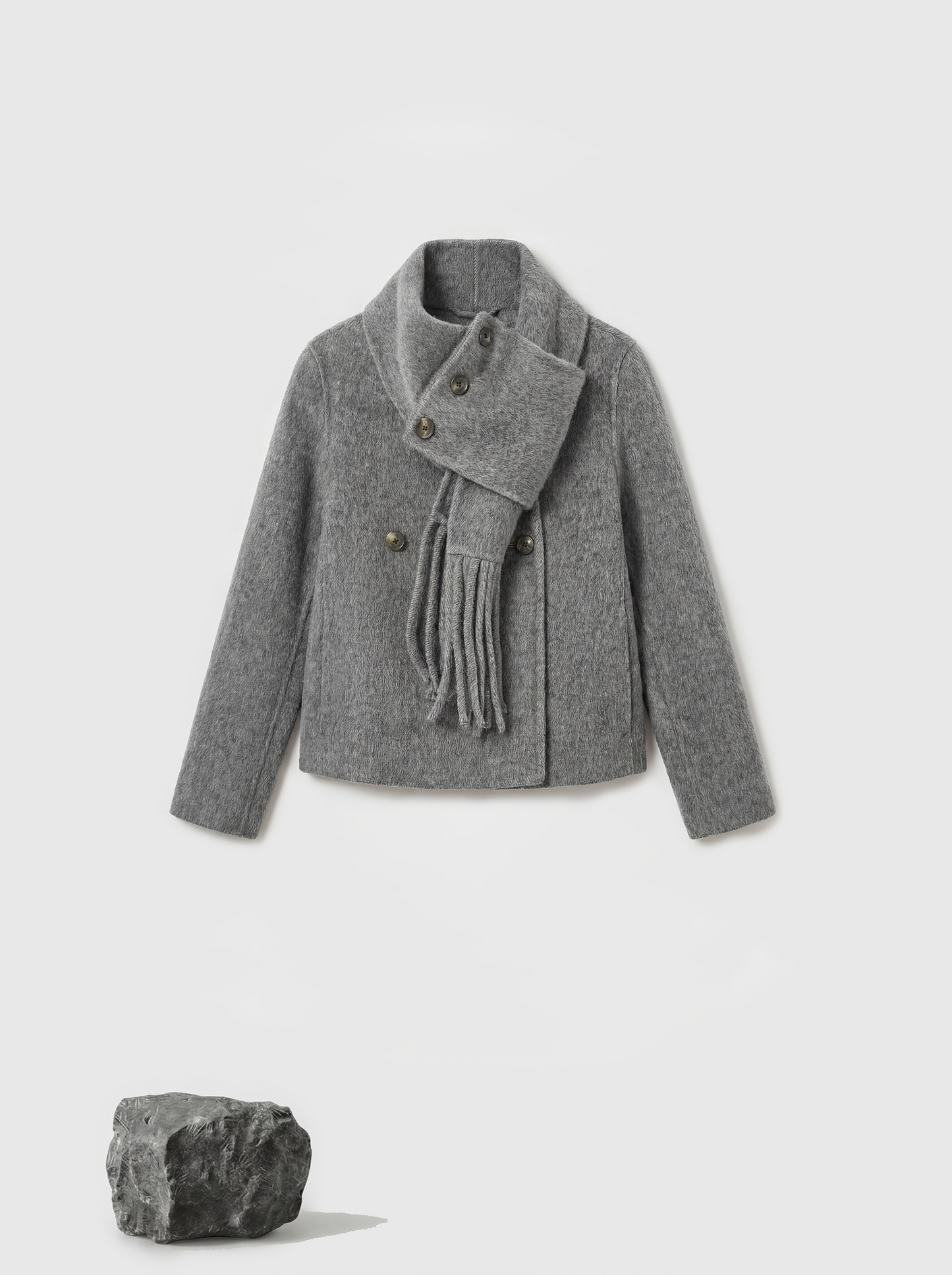 Cropped double-breasted wool-alpaca jacket with integrated scarf collar, styled on a model, front view.