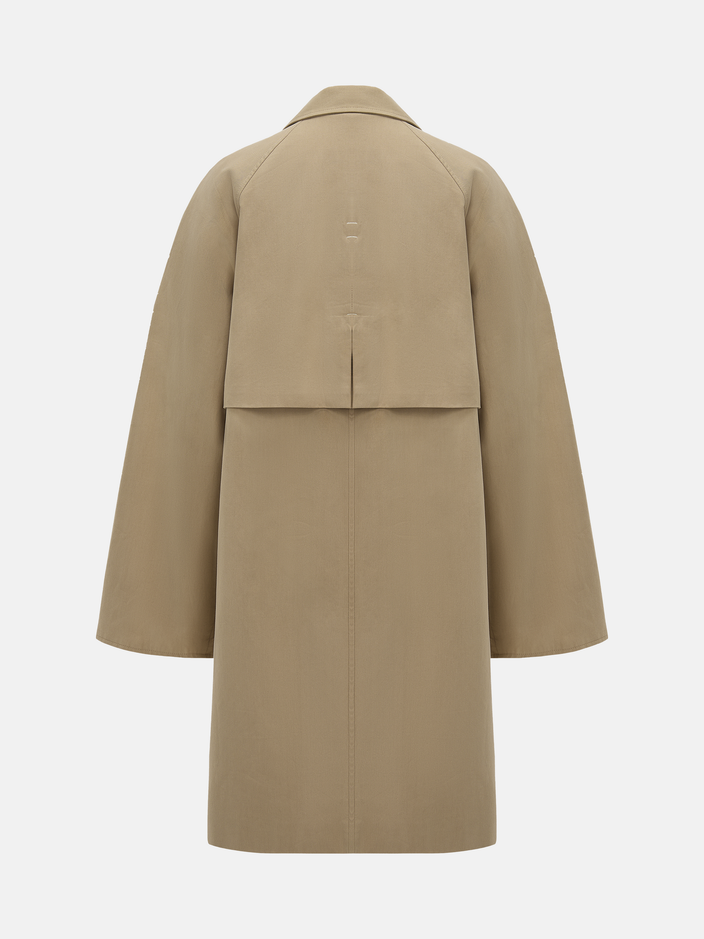 SELVANE light khaki straight-line trench coat with distinctive striped turn-up cuffs, showcasing controlled volume and fluid drape.