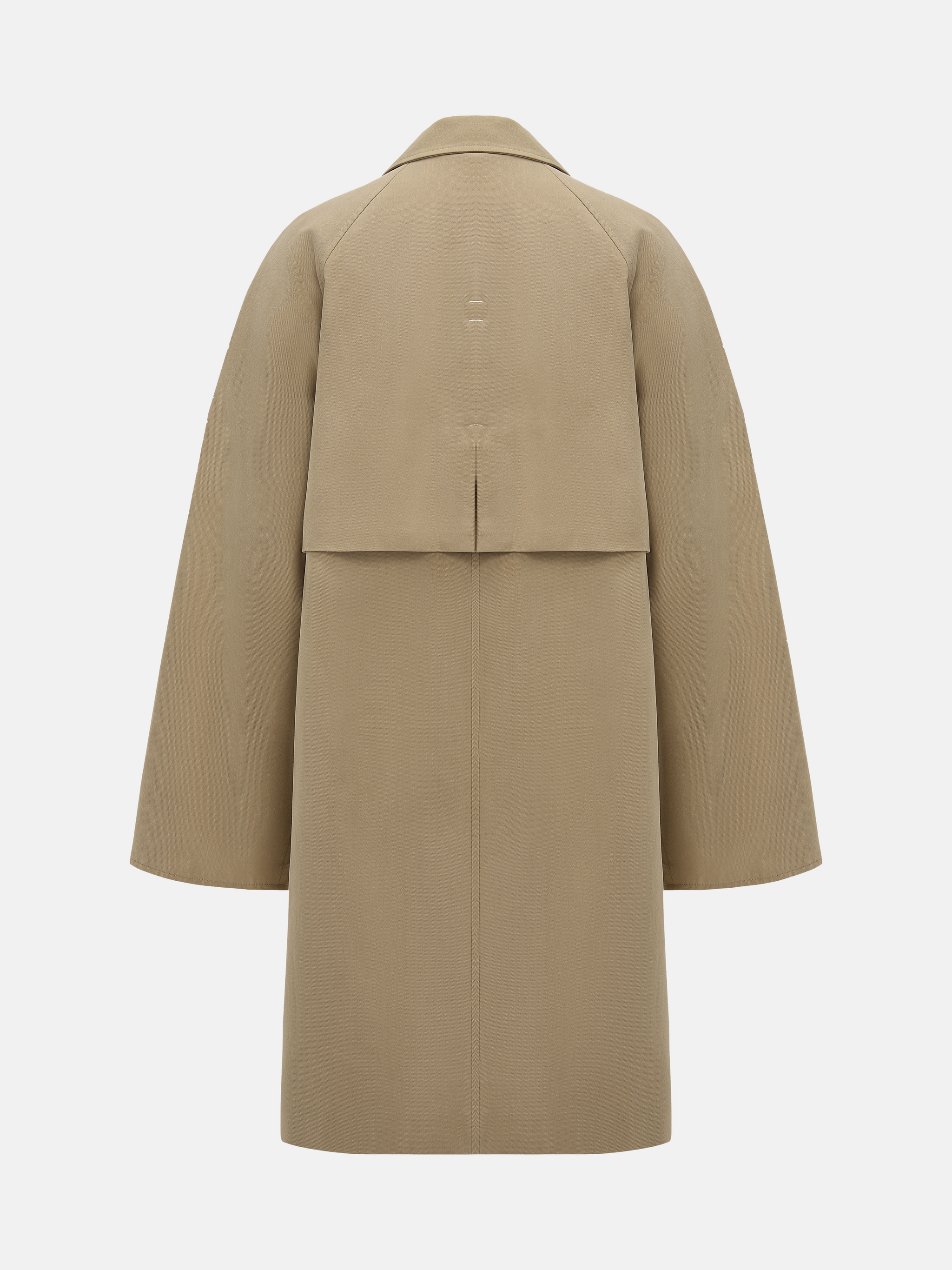 SELVANE light khaki straight-line trench coat with distinctive striped turn-up cuffs, showcasing controlled volume and fluid drape.