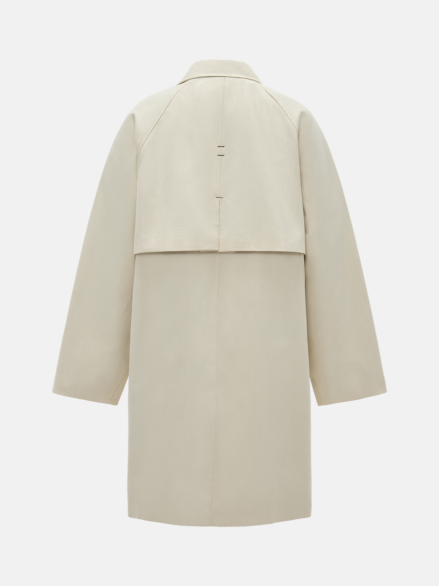 SELVANE light khaki straight-line trench coat with distinctive striped turn-up cuffs, showcasing controlled volume and fluid drape.