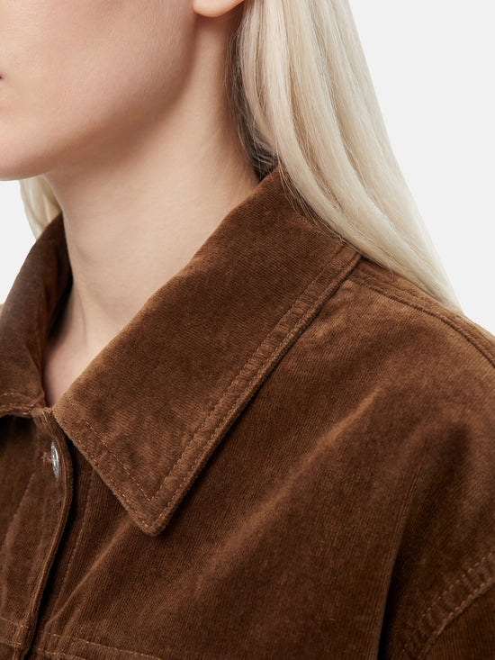 SELVANE Chesnut Shirt Jacket, a cropped suede outerwear piece with clean geometry and a calm, waist-length proportion.